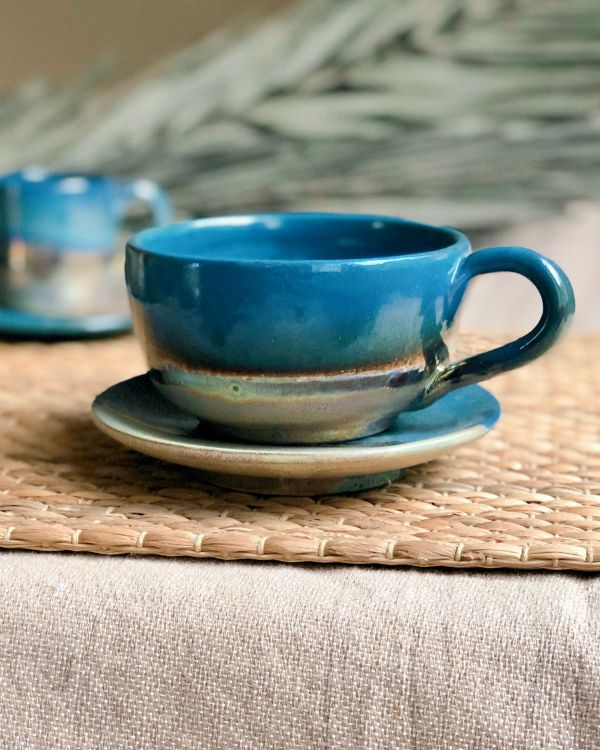 Black Cappuccino Cup With Shades of Blue, and Gold Metallic Luster